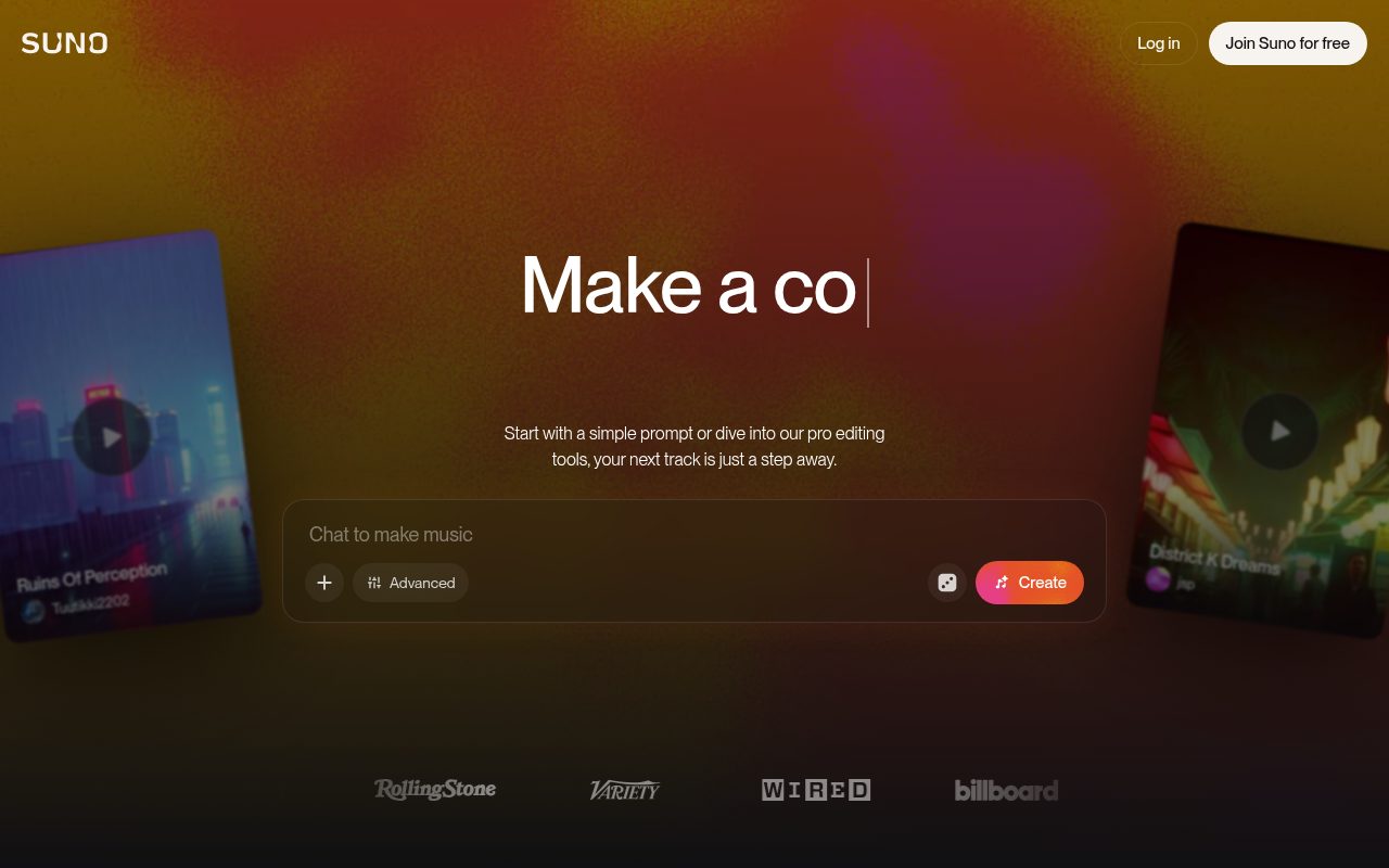 Suno homepage - AI music generation