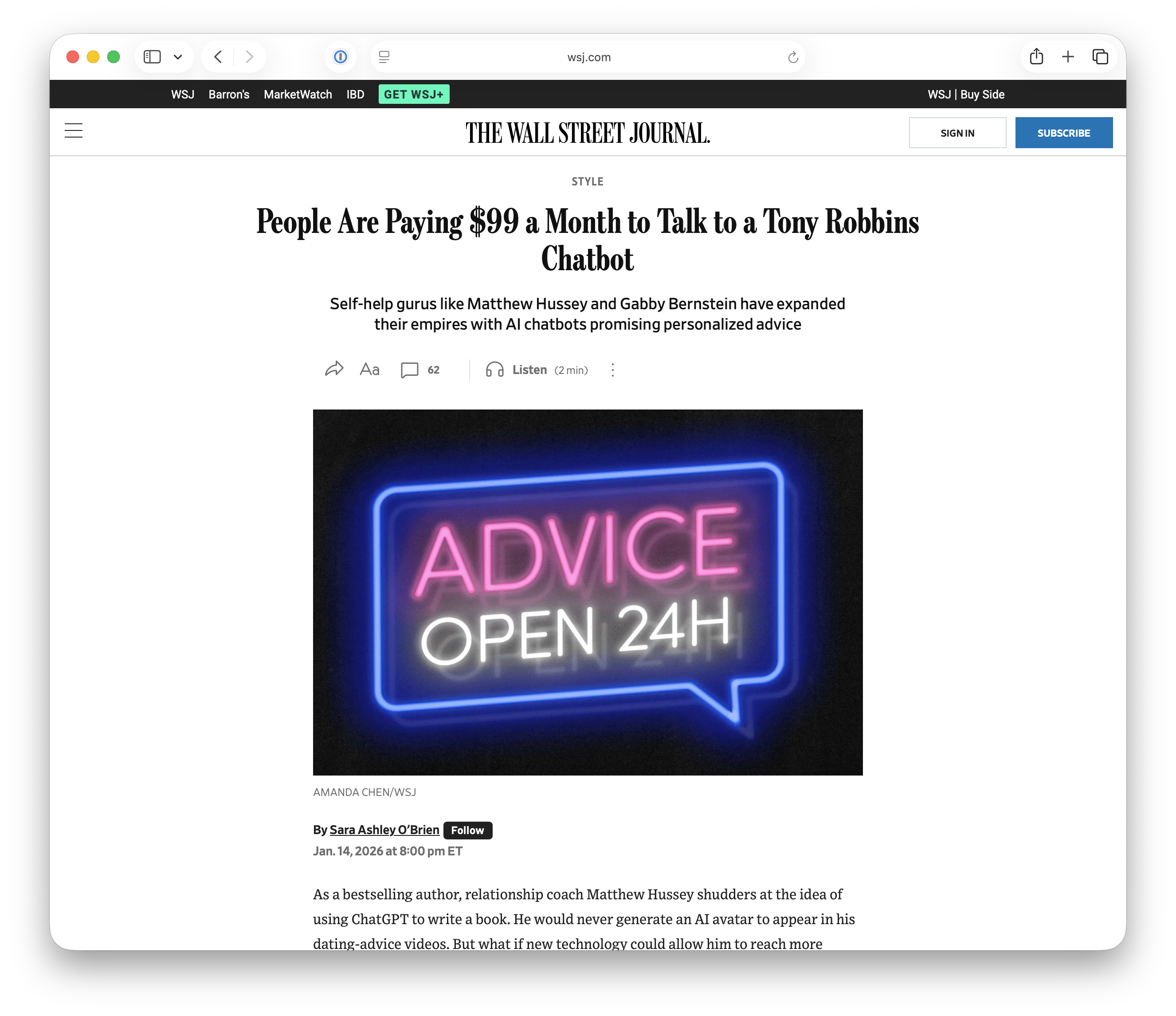 Wall Street Journal article featuring AI self-help chatbots
