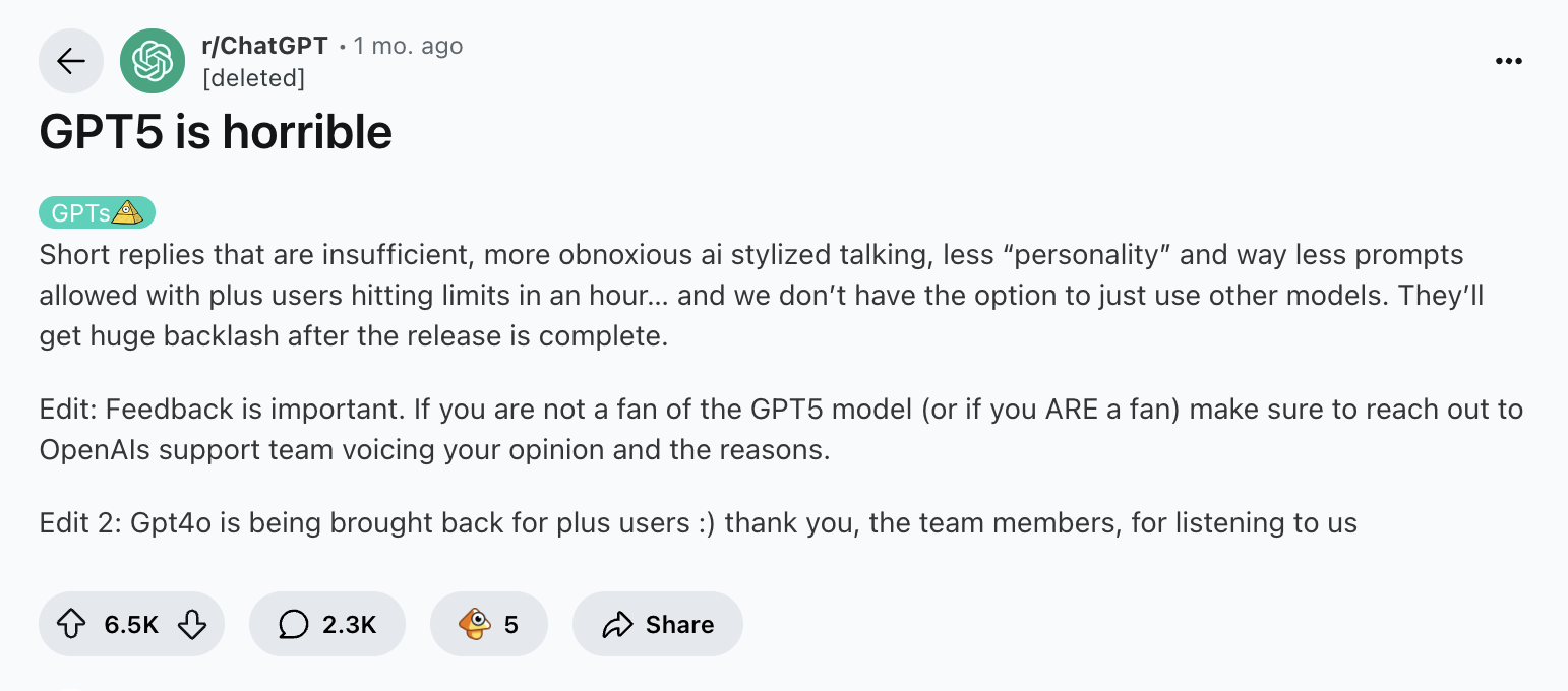 reddit GPT5 is horrible