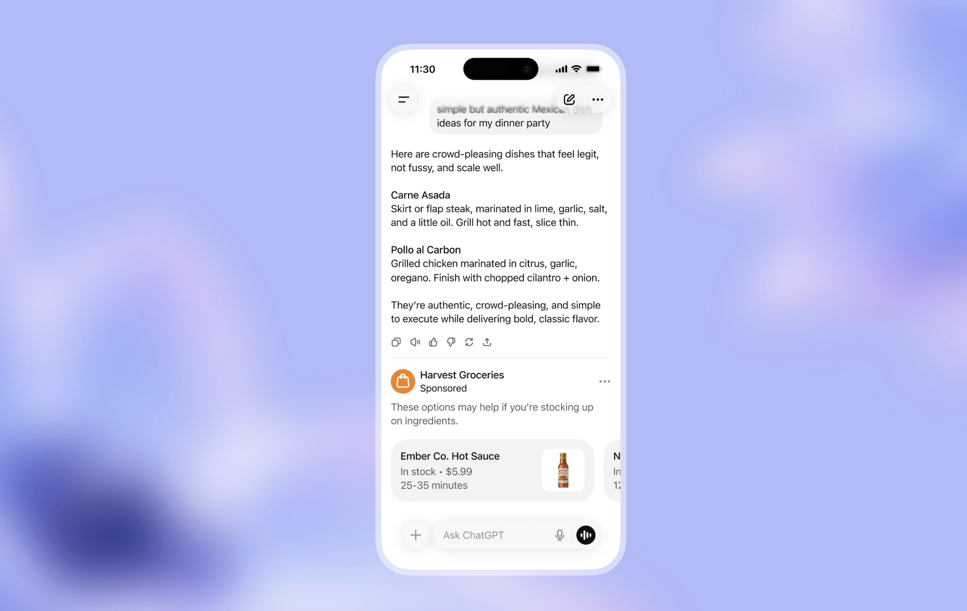 Screenshot of ChatGPT chat ad placement