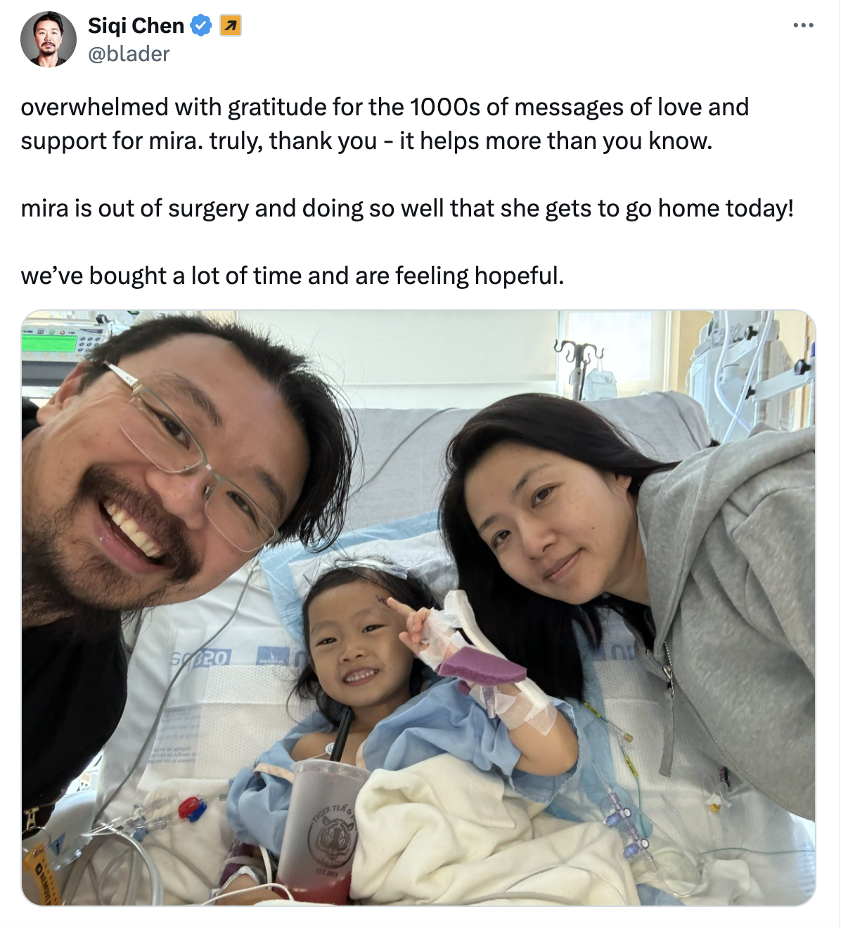Siqi Chen with Mira and Mom Hospital Bed