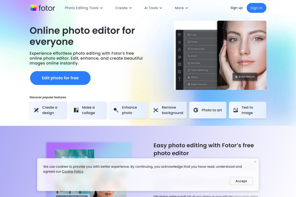 Online photo editor with AI-driven tools for easy image enhancement.
