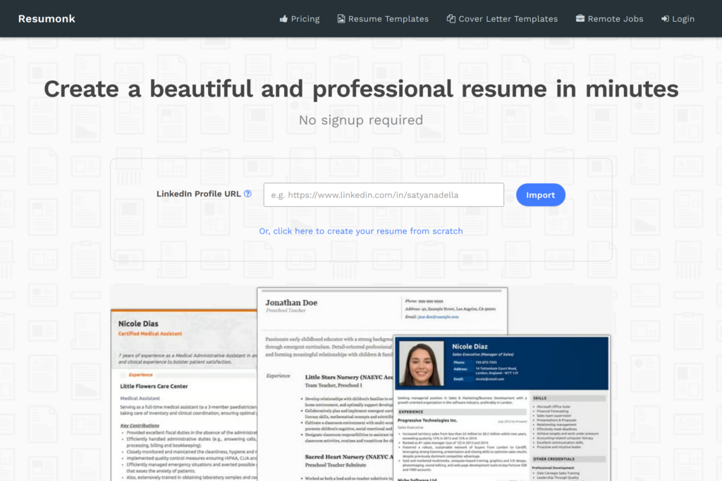 Online resume and CV builder with LinkedIn import support.