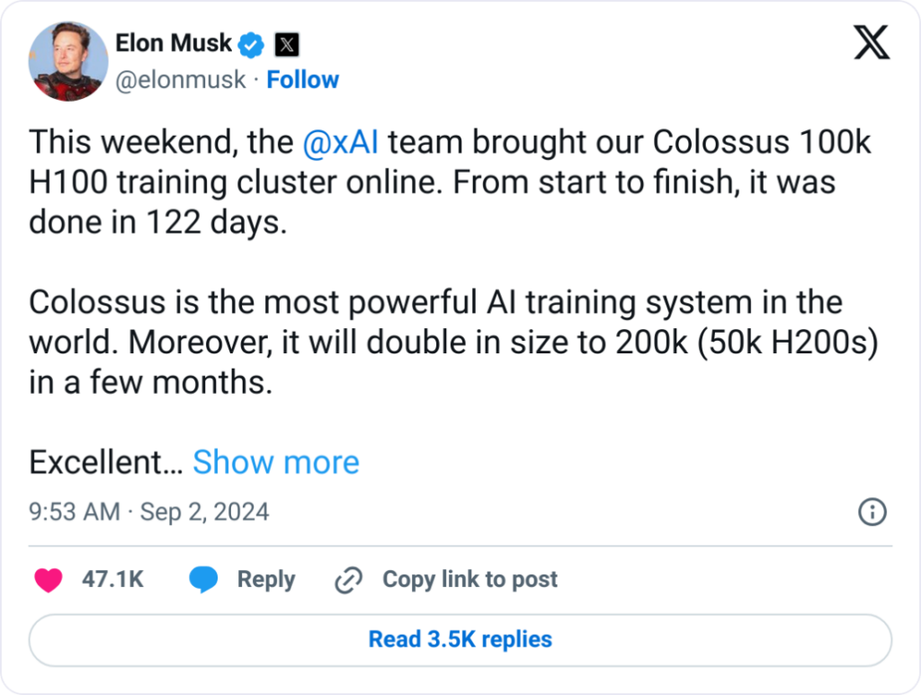 Screenshot of Elon Musk tweet on X (formerly Twitter) dated Sep 2, 2024