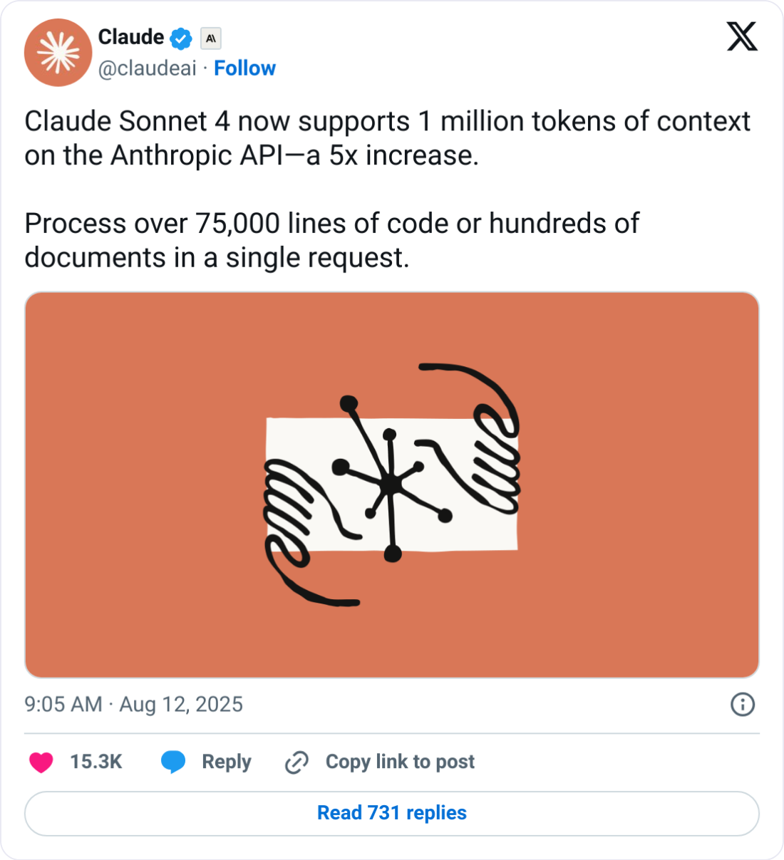 Claude AI tweet Claude Sonnet 4 supports 1 million tokens of context Anthropic API